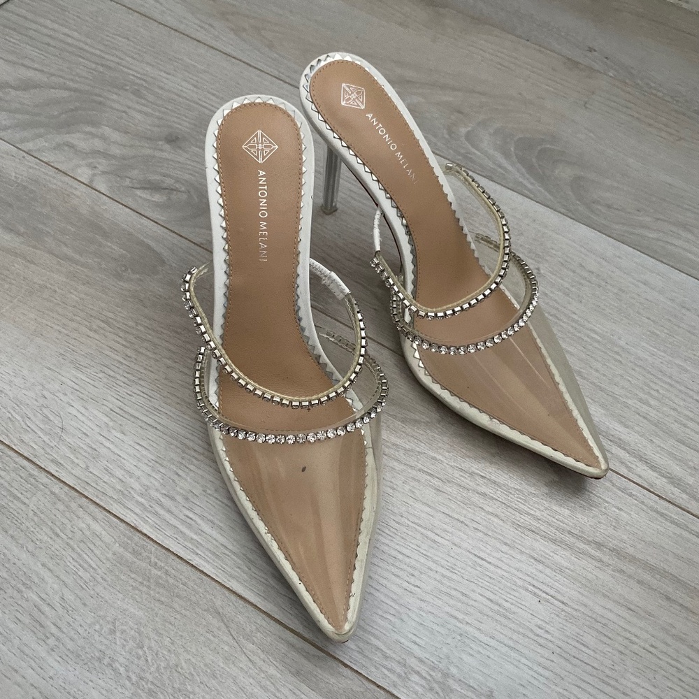 Antonio Melani Elisha Clear Vinyl Rhinestone Heeled Mules
